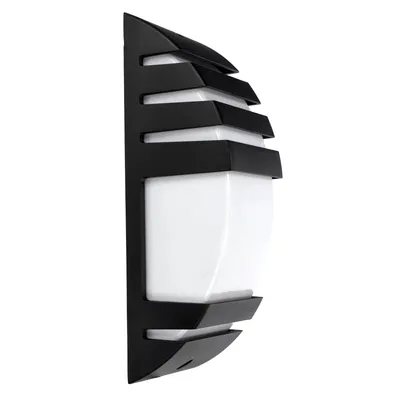 A black outdoor wall light with a white frosted glass diffuser, shown against a white background.