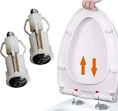 A product shot of toilet seat hinges and a toilet seat, with arrows indicating installation.