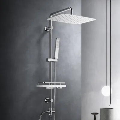 Produktbild von JOHO Regendusche Duschsystem ohne Duscharmatur, Duschset mit Duschablage, Edelstahl Duschstange, Kopfbrause 35*25cm Chrom