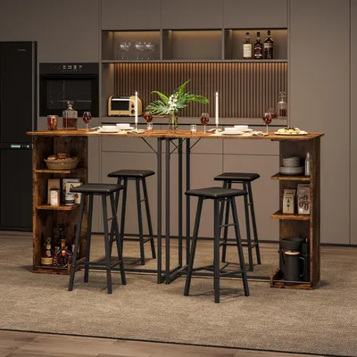 Immagine prodotto di Set da bar con tavolino, 2 sgabelli imbottiti e 3 ripiani, stile industriale, colore marrone rustico con struttura nera