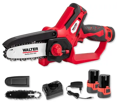 Produktbild von WALTER - Kompakte Einhand Kettensäge mit 2x 12V Li-Ion Akku, Ladegerät und Zubehör. Leichte Mini Kettensäge, Entaster für Gartenarbeit, Schwertlänge 158 mm, leistungsstarker Motor