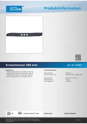 Güde Rasenmäher Ersatzmesser 400 mm Rasenmähermesser Rasenmäher Ersatzteil Messer für Rasenmäher Rasenmäher Messer Rasenmäher Zubehör 262124 95383 4015671654250 Stabilo-Fachmarkt.de
