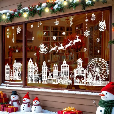 Produktbild von Fensteraufkleber Weihnachten mit Häusern und Schneeflocken
