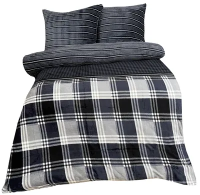 Produktbild von Teddyplüsch Mikrofaser Bettwäscheset 240x220 cm Wendeseite Grau Anthrazit Weiß Schwarz Streifen Kariert mit Reißverschluss