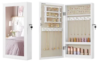 Productafbeelding van Sieradendoos met spiegel | Wit en beige | 37x10x67 cm