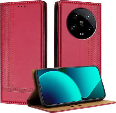 Produktbild von Handyhülle für Xiaomi 14 Ultra Leder Flip Klappbare Schutzhülle mit Standfunktion Rot