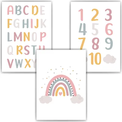 Produktbild von ABC Zahlen Kinderposter 3er Set Lernposter Alphabet | Kinderzimmer Wandbilder Einschulung Kindergarten Grundschule Lernhilfe für Kinder – DIN A4 (21x29.7cm)