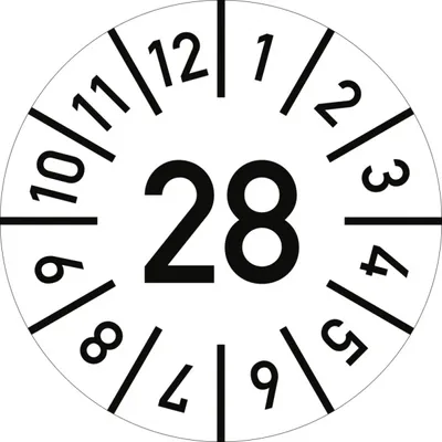 Produktbild von Dreifke® Prüfplakette Jahr 28 mit Monaten, weiß, Folie, Ø 30 mm, 10 Stück/Bogen