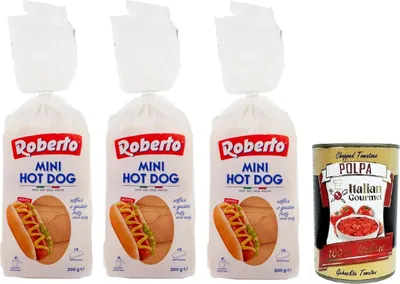 Produktbild von 3x Roberto Mini Hot Dog Brot,Packung mit 300g,Jede Packung enthält 8 Hot Dog Buns + Italian Gourmet Polpa di Pomodoro 400g Dose