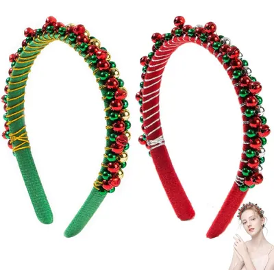Produktbild von Weihnachtlicher Haarreif - Weihnachtsstirnband mit Glöckchen – 2 Stück – Haarschmuck für Damen und Kinder – Weihnachtsaccessoire – Rot, Grün, Gold