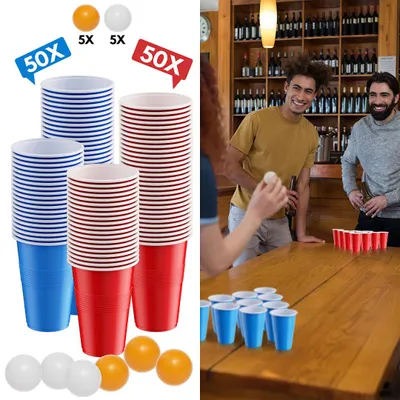 Obrázek produktu pro Sada kelímků na beer pong Ikodm 100 ks, 50 červených/modrých kelímků na beer pong, společenská hra s 10 míčky, party kelímky, 500 ml/16,91 oz