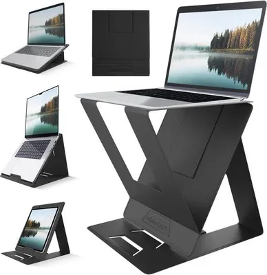 Obrázok produktu pre Skladací stojan na notebook – nastaviteľný do 5 polôh – prenosný – rýchla inštalácia – držiak na notebook a tablet – stojan na notebook k kancelárskej stoličke