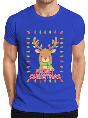 Zdjęcie produktu dla Koszulka męska Merry Christmas Reindeer Fairy Lights Cute Kids Gift, Niebieski, 3XL
