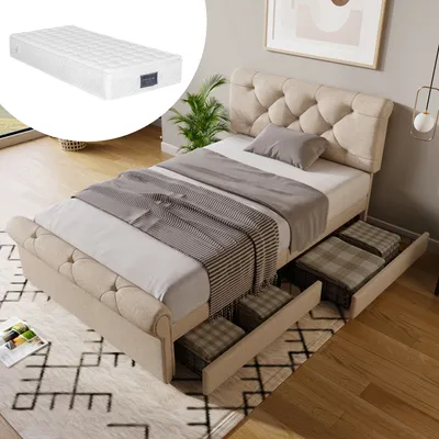Produktbild von MODFU Polsterbetten 90x200cm Einzelbett mit 2 Schublade, Inklusive Matratze, Natürlich