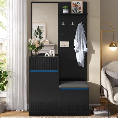 Productafbeelding van Wandkast met spiegel, geïntegreerde zitbank en LED-verlichting die via een app bediend kan worden. Garderobe, compacte garderobe, zwart