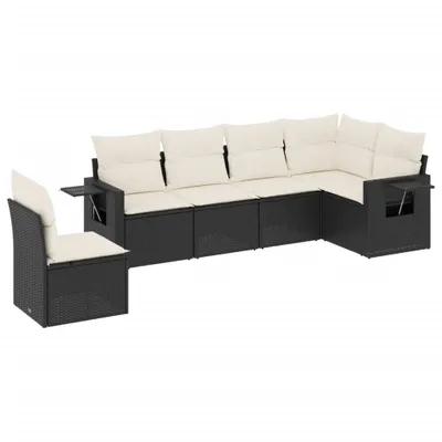Produktbild von 6-tlg. Gartenmöbel-Set, modulares Lounge-Sofa mit klappbaren Tischen, Schwarz Poly Rattan, Cremeweiß Kissen, UV-beständig