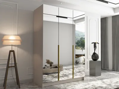 Obrázek produktu pro Vysoká zrcadlová šatní skříň 150 cm SHEELA 3 - kašmír / zlatá