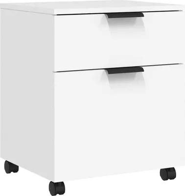 A white mobile filing cabinet with two drawers and black wheels.