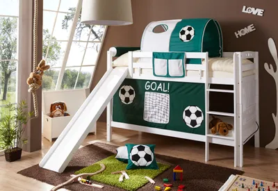 Produktbild von Etagenbett mit Rutsche "Lupo" Buche massiv Weiß Motiv (Goal)