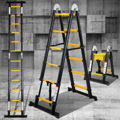Produktbild von Yakimz teleskopický rebrík výsuvný rebrík skladací rebrík stabilný hliníkový rebrík do 150 kg 1,9 m+1,9 m žltkastá čierna bez háčikov so stabilizátorom