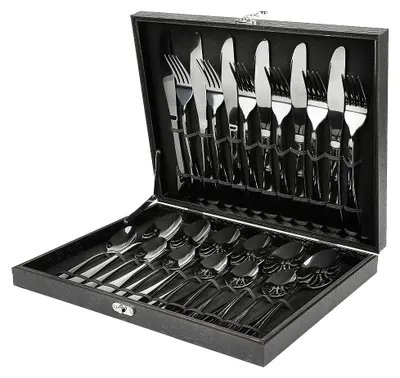 Obrázek produktu pro Sada příborů – 24 kusů – nerezová ocel 316L – pro 6 osob – dárková krabička – černá – vhodná pro domácnost i restauraci