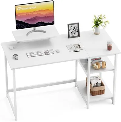 Image de Espace de travail compact comprenant un bureau, des rangements et un support d'écran pour le télétravail