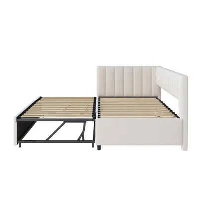 Produktbild von Flieks Polsterbett Schlafsofa 90x200cm mit Ausziehbett, Holzbett Jugendbett Kinderbett Sofabett mit Lattenrost, Tagesbett Funktionsbett Samt, Beige