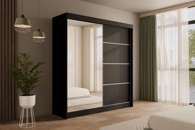 Produktbild von ALTDECOR Kleiderschrank mit Spiegel und Schiebetüren, kugelgelagerte Führungsschienen und Aluminium-Leisten - PAOKI - 200 cm Schwarz