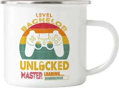 Produktbild von Level Bachelor Unlocked Master Loading Emaille Tasse Studium Lernen Bildung Konsole Spiel Controller Gamepad