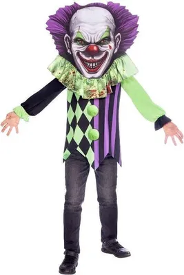 A child wearing a scary clown costume.