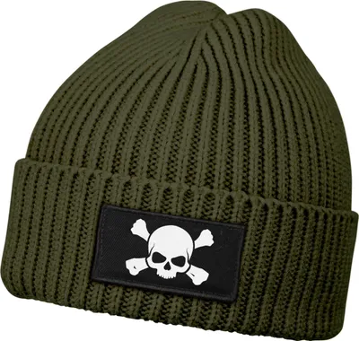 Produktbild von Herren Beanie Wintermütze mit Patch Skull Totenkopf Aufdruck Print Strickmütze Rippstrick Neverless®