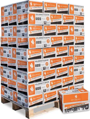 A pallet stacked high with boxes of wood briquettes.