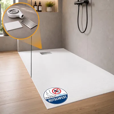 Produktbild von Dalsys Duschwanne 140x90cm mit Ablaufgarnitur - flache Duschtasse in Steinoptik inkl. Siphon - bodengleiche Dusche weiß