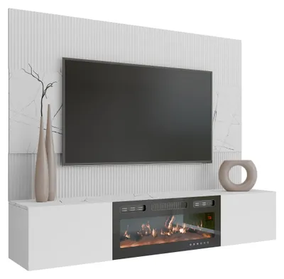 Produktbild von MIRJAN24 Wohnwand Deromi III, Wohnzimmer Möbel Set, Mit Kamin, Griffloses Öffnungssystem push to open, 2er-Set (Farbe: Weiß / Weiß + Weiß Marmor)
