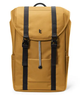 A yellow backpack with black straps and buckles against a white background.