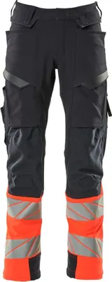 A pair of black work pants with orange and gray reflective stripes on the lower legs, shown against a white background.