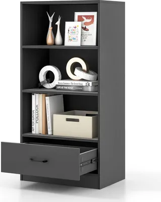 Produktbild von Regal mit Schublade, Bücherregal 4 Ebenen mit 3 offenen Fächern, Standregal aus Holz für Wohnzimmer, Schlafzimmer, Büro (Grau)