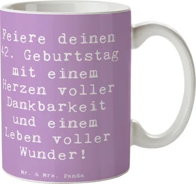 Produktbild von Mr. & Mrs. Panda Becher Spruch 42. Geburtstag Wunder - Lavendeltraum - Geschenk, Kaffeebecher, bedruckt, Alter, Pott, liebevoll handgefertigt, Tasse, Bedruckte
