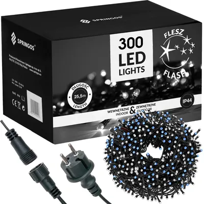 Immagine prodotto di Ghirlanda luminosa a LED SPRINGOS da 25,5 m, bianco freddo, effetto lampeggiante, 300 LED, illuminazione natalizia per interni ed esterni, IP44