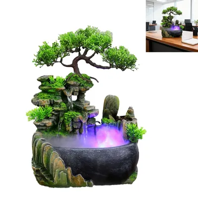 Produktbild von LED Zimmerbrunnen Harz Tischbrunnen Wasserfall Steingärten Wasser Brunnen Feng Shui Büro Heim Dekoration