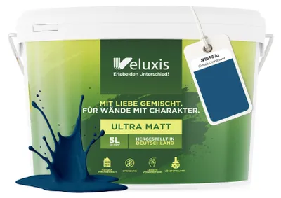 Produktbild von Wandfarbe Blau Petrol Anthrazit Matt Innenfarbe – Deckkraft Klasse 1, VOC-frei, Ohne Grundierung, Tropfarm – Wohnzimmer & Schlafzimmer – 5L – Veluxis (Classic Cornflower)