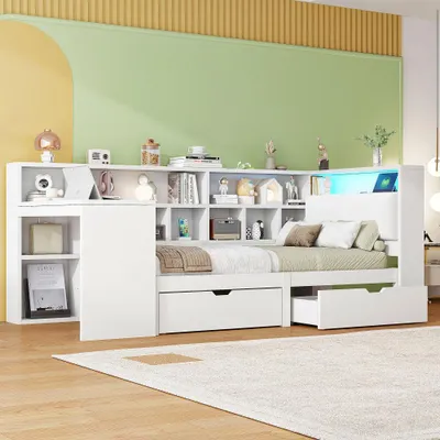 Produktbild von Weißes Holz-Plattformbett mit gepolstertem Kopfteil, integriertem Ladegerät, LED-Lichtern, Ablagen und Schubladen, Größe 90x200 cm.