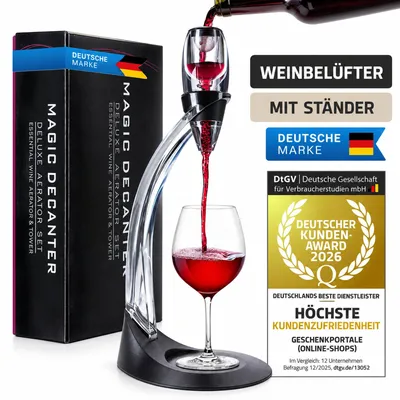 Produktbild von Premium Weinbelüfter mit Ständer - Magic Decanter Wein-Dekanter Set für optimalen Weingenuss - Deluxe Wein-Ausgießer in Schwarz