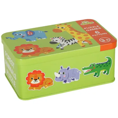 A green tin box with cartoon animals on it, representing a puzzle game.