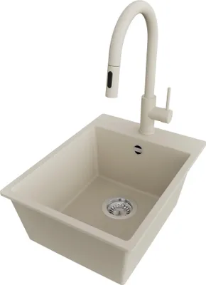 Produktbild von PRIMAGRAN Granitspüle Beige 38x50cm, Spülbecken 1 Becken + Küchenarmatur 40x20cm + Ablauf-Set, Küchenspüle ab 40er Unterschrank - Riga