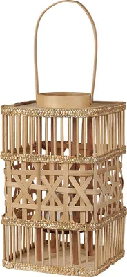 Produktbild von BELIANI Laterne Hellbraun Bambusholz 35 cm mit Henkel Griff Glaseinsatz Deko Wohnzimmer Schlafzimmer Wohnaccessoires Dekoartikel Tischdekoration