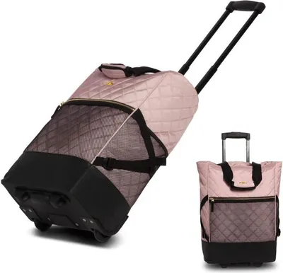Two views of a pink quilted rolling shopping bag with black accents and wheels.