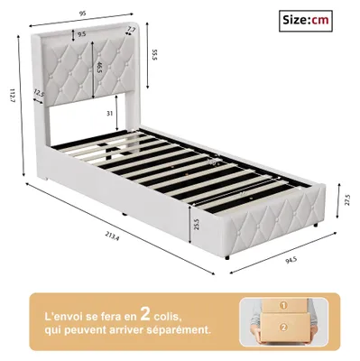 Immagine prodotto di Letto singolo 90x200 cm - Letto con sistema di sollevamento idraulico e contenitore - Struttura del letto imbottita in velluto - Contenitore a sollevamento - Testiera con capitonnage a bottoni - Colore beige
