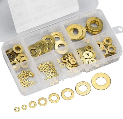 Produktbild von Set mit 180 Messingringen – Sortiment an 8 Größen von Unterlegscheiben und Sicherungsscheiben (M2, M2,5, M3, M4, M5, M6, M8, M10) – Flache Messingringe für Schrauben und Muttern
