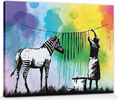 Produktbild von Banksy Obrázky Obraz na plátně na nosítkách rámu | XXL-nástěnný obraz plakát umění tisknout jako plátno obraz - Zebra pruhy Washing Day (60 x 80 cm)